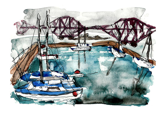 Fine Art Giclee Print of an original illustration of South Queensferry Harbour by Tori Gray.