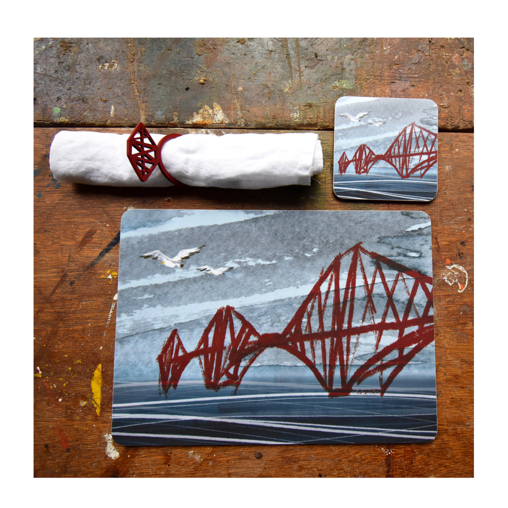 
                  
                    Set of 4 cork backed, melamine rectangular tablemats featuring 4 different illustrations of the 3 Bridges by Tori Gray.
                  
                