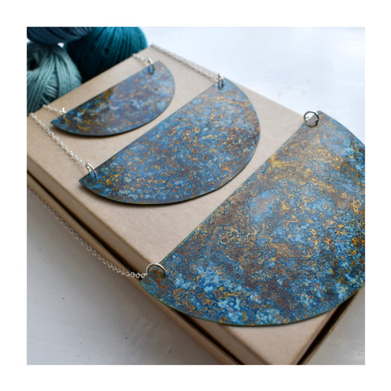 All three sizes of Medium Brass Crescent Patinated necklace 